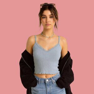 Brandy Melville Blue Lace-Trim Cropped Cami Tank Top (OS)